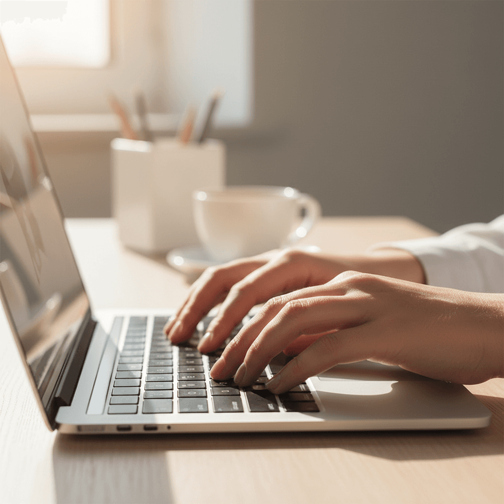 Hands setting up an ad campaign on a laptop and phone